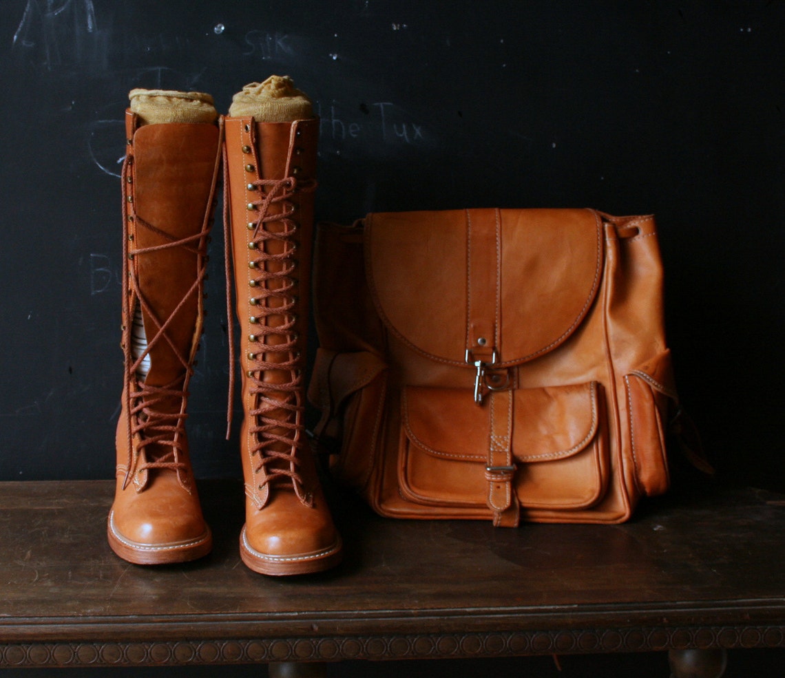 Boots Tall Lace Up Leather Tan Women 1313 Vintage from Etsy