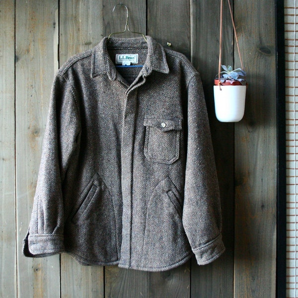 Vintage Wool Shirt Jacket LL Bean 70s Brown Tweed USA Heritage Brand Size M