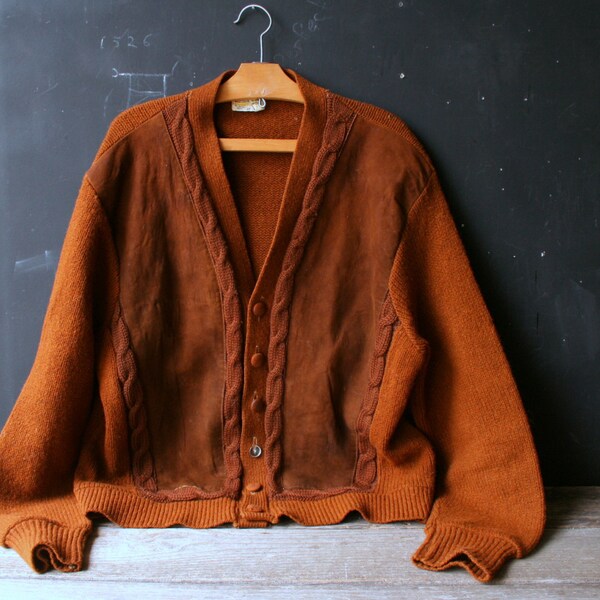 Vintage Mens Cardigan Sweater Leather and Wool Knit Rust Colored From Nowvintage on Etsy