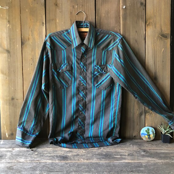 Vintage Western Shirt With Snaps Black and Blue - image 4