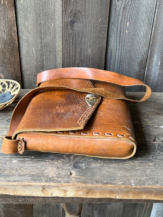 Tooled Leather Messenger Bag 1970s Hand Made - image 4