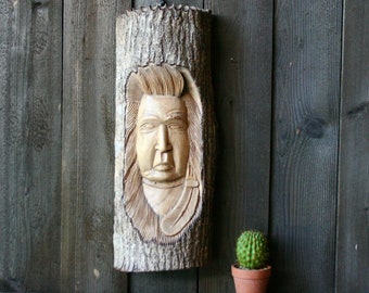 Carved Face Sculpture Live Edge Wood Hand Made Rustic Design Native American With Feather