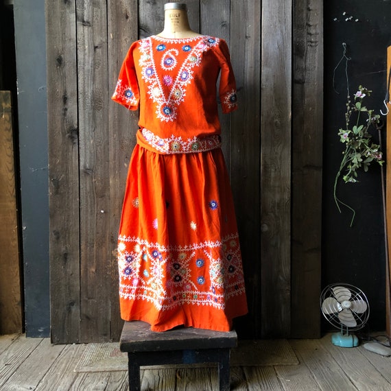 Vintage 70s Embroidered Skirt and Top Orange - image 3