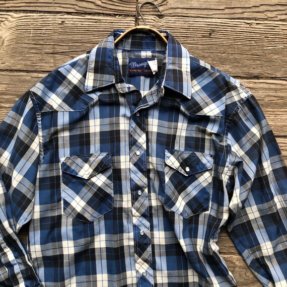 Vintage Wrangler Shirt Plaid Blue And Black 80s - image 3