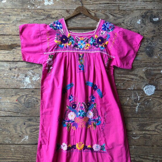 1970s Embroidered Boho Hippie Dress Pink Cotton - image 4