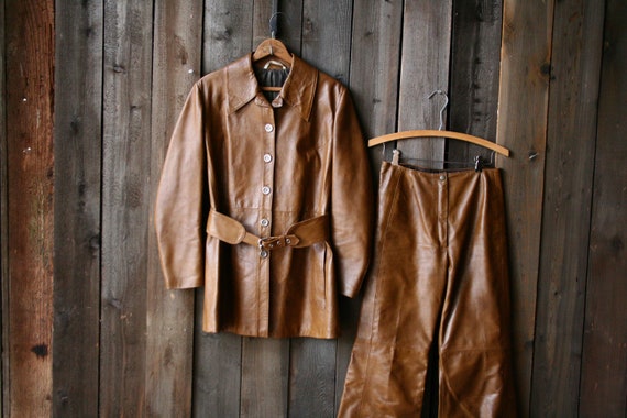 2 Piece Leather Suit Bell Bottoms Womens Vintage M