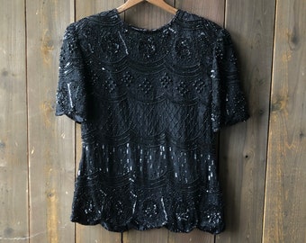 Vintage Silk Beaded Blouse Black Short sleeves