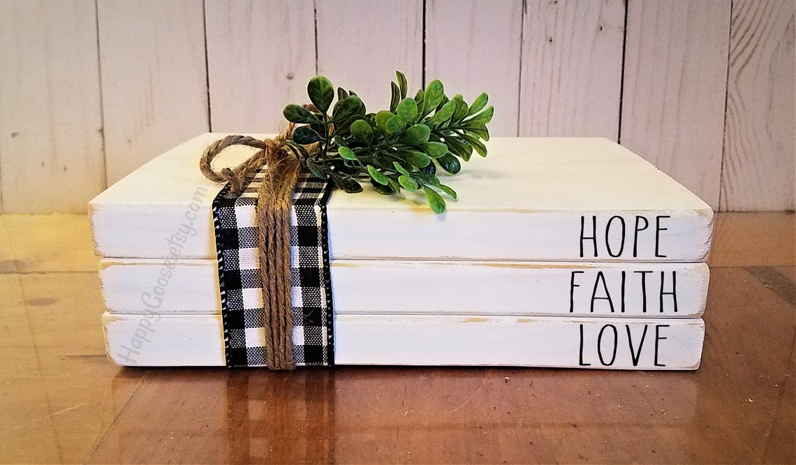 Wood Stack Faux Book Stack Rustic decor Hope Faith Love Etsy