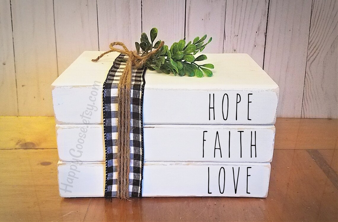 Wood Stack Faux Book Stack Rustic decor Hope Faith Love Etsy