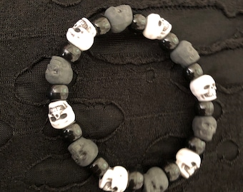 Charcoal and White Skull Beaded Stretch Bracelet, Matte Kandi Rave Jewelry, Halloween Gift