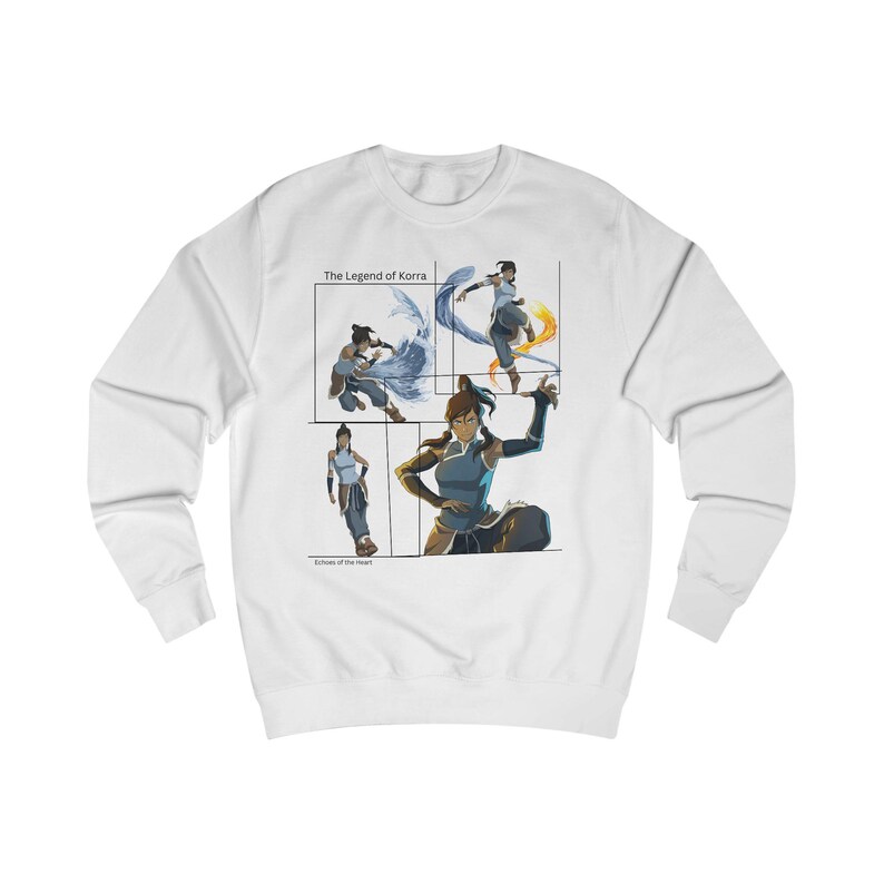 May include: White long-sleeved sweatshirt with a graphic print of Avatar Korra in different poses. The text 'The Legend of Korra' is printed above the graphic. The text 'Echoes of the Moon' is printed below the graphic.