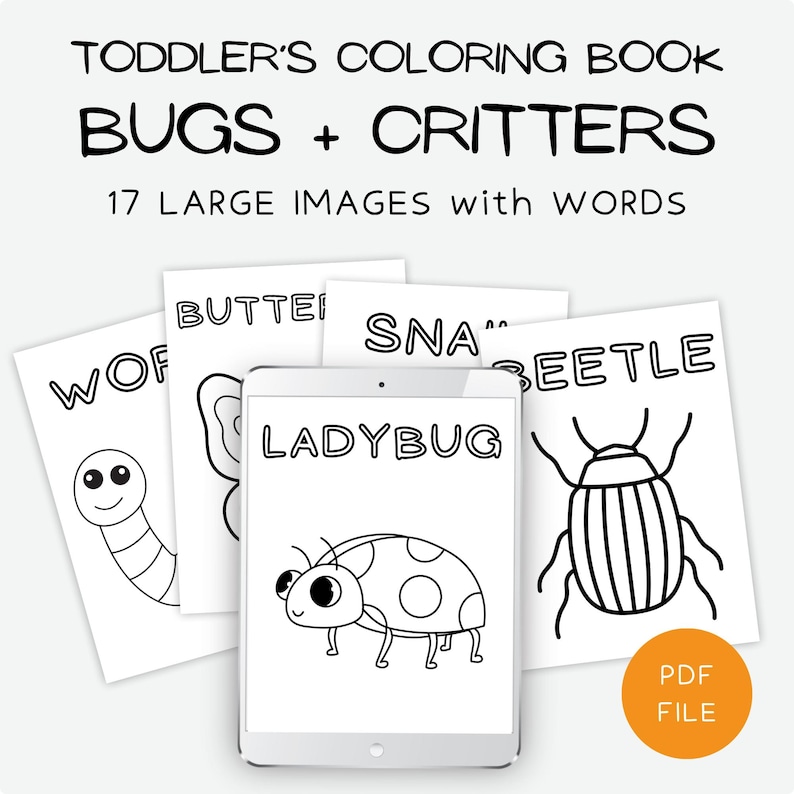 Toddler's coloring book with bugs and critters. 17 large image coloring pages with big words to color. Shown are coloring sheets for ladybug, worm, butterfly, snake, beetle, and ladybug.