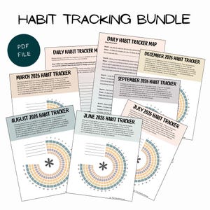Pode incluir: Um pacote de rastreamento de hábitos com páginas PDF imprimíveis. A imagem mostra um mapa de rastreamento de hábitos diários e rastreadores mensais para março, junho, julho, agosto, setembro e dezembro de 2026. Cada rastreador tem um design circular.