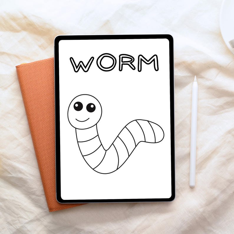Fun Learning Coloring Sheet with Cute Worm Large Picture and Color-in Letters for Fine Motor Skills and Learning to Read and Write