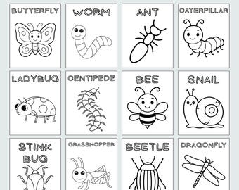 Peut inclure: Une collection de 17 pages de coloriage imprimables avec divers insectes. Chaque page présente un insecte différent, notamment un papillon, un ver, une fourmi, une chenille, une coccinelle, un mille-pattes, une abeille, un escargot, une punaise, une sauterelle, un scarabée et une libellule.