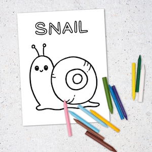 Big coloring sheet for toddler learning bugs and critters. Shown is individual coloring page with big picture of snail and the letters written out for toddler to trace and color in the word "snail."