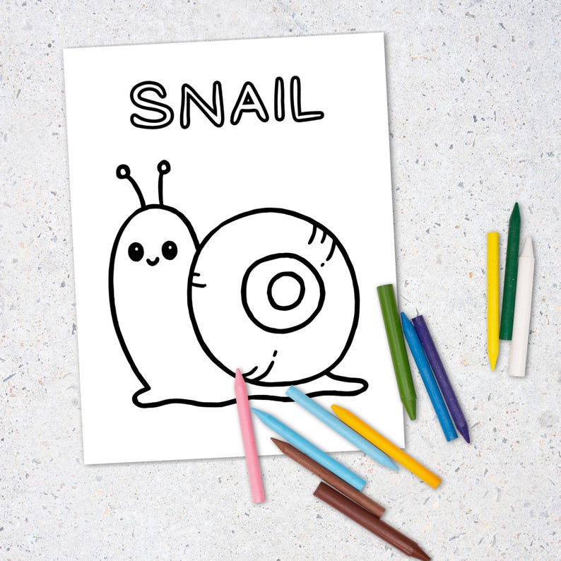 Big coloring sheet for toddler learning bugs and critters. Shown is individual coloring page with big picture of snail and the letters written out for toddler to trace and color in the word "snail."