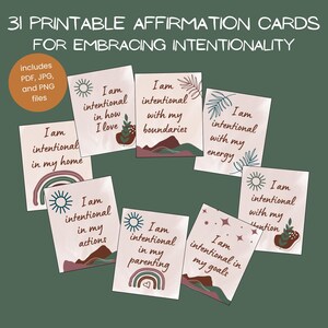 May include: A collection of 31 printable affirmation cards with the text "I am intentional" followed by different phrases. The cards feature illustrations of rainbows, suns, and plants. Includes PDF, JPG, and PNG files.