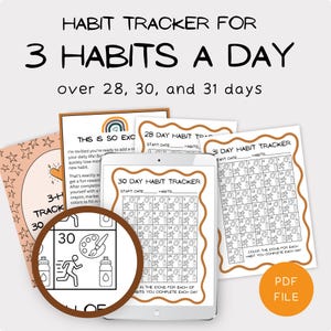 May include: A digital habit tracker set for 3 habits a day over 28, 30, and 31 days. The sheets feature a wavy brown border, numbered grids with icons of a runner, a water bottle, and a paint palette, and the text "HABIT TRACKER FOR 3 HABITS A DAY".