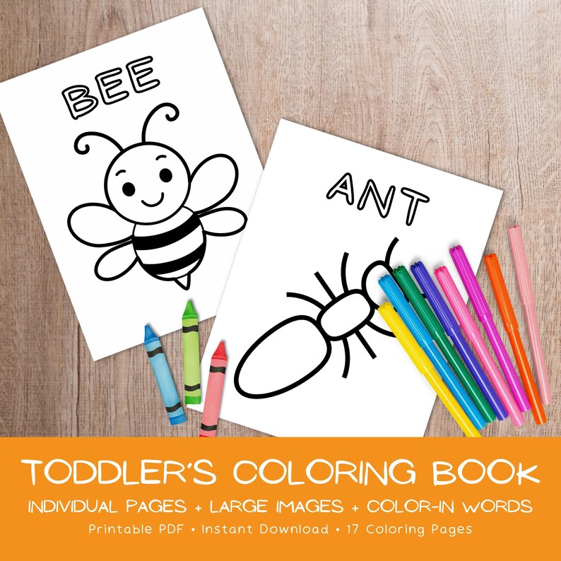 Printable individual coloring pages for toddler screen free travel activity. Pictured is bee coloring sheet and ant coloring sheet with big pictures and colorable letters for fine motor skills, reading, and writing practice.