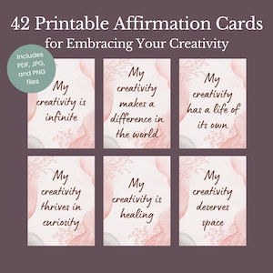Könnte beinhalten: Ein digitaler Download von 42 druckbaren Affirmationskarten zur Förderung der Kreativität. Jede Karte zeigt ein Aquarelldesign mit Sätzen wie "Meine Kreativität ist unendlich" und "Meine Kreativität macht einen Unterschied in der Welt."