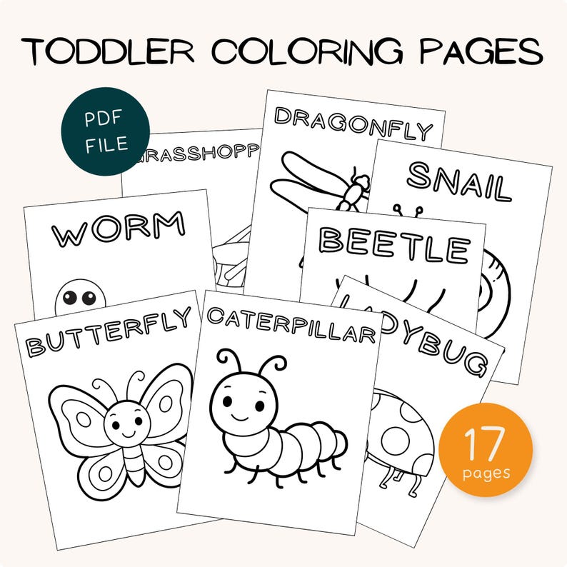 Toddler Preschool Worksheet Coloring Book for Screen Free Fun with Butterfly, Caterpillar, Worm, Beetle, Snail, Dragonfly, Grasshopper, and More