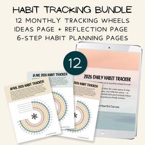 May include: A bundle of habit tracking tools, including 12 monthly tracking wheels, an ideas page, a reflection page, and 6-step habit planning pages. The image shows a tablet displaying a daily habit tracker and several printed habit trackers with a circular design.