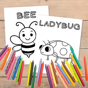 Cute bug coloring pages for toddlers with large pictures and fill-in words for learning insects and words