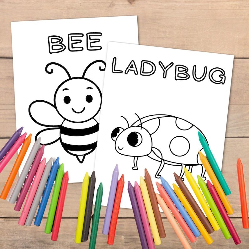 Cute bug coloring pages for toddlers with large pictures and fill-in words for learning insects and words