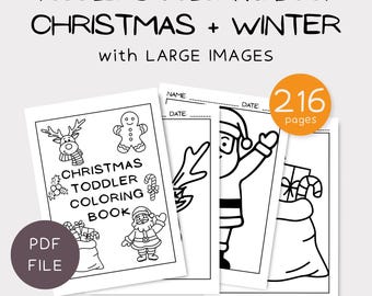 May include: A black and white Christmas and Winter toddler coloring book with large images. The cover features a reindeer, gingerbread man, and Santa Claus. The book is a PDF file and has 216 pages.