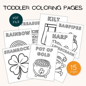 May include: A collection of black and white toddler coloring pages with St. Patrick's Day themes. The pages include images of a rainbow, shamrock, pot of gold, leprechaun, and more. The text "Toddler Coloring Pages" is at the top.