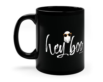 Funny Halloween Mug, "Hey Boo" Ghost Design, 11oz Black Mug