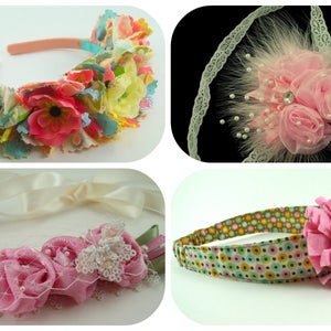 May include: A collage of four different headband designs. The headbands are decorated with fabric flowers, rosettes, and other embellishments. The text "Headband Tutorial Bundle" and "includes: Scrappy Raggy Headband, Rosettes Headband, Ruched Roses Headband, Reversible Headband" is visible in the image.