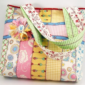 Jelly Roll Tote Bag Sewing Pattern with Fabric Flower Brooch PDF Tutorial image 1