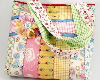 Jelly Roll Tote Bag Sewing Pattern with Fabric Flower Brooch PDF Tutorial