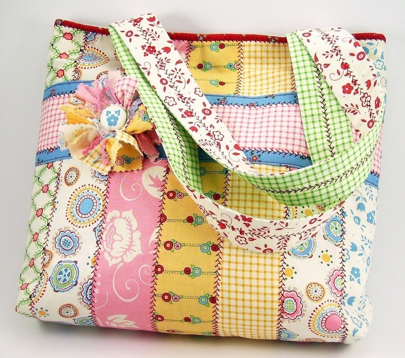 Jelly Roll Tote Bag Sewing Pattern with Fabric Flower Brooch PDF Tutorial image 1