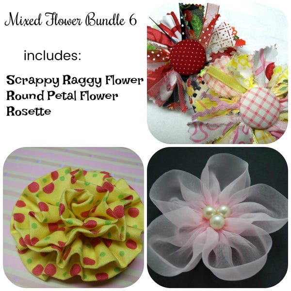 Mixed Fabric Flower Bundle 6 PDF Tutorial ... includes 3 fabric flowers