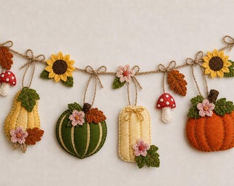 Felt Fall Garland Pattern, Pumpkins, Squashes, Sunflowers, Mushrooms, Leaves (PDF Download)