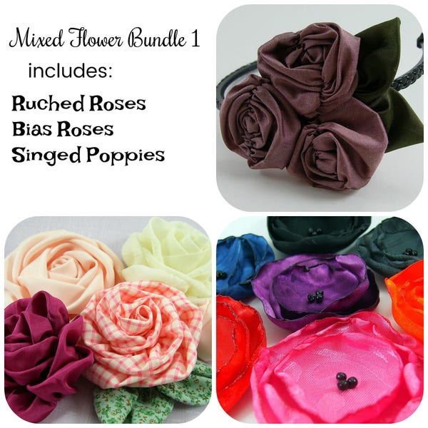 Lot de 1 fleurs en tissu mélangés : tutoriel de couture PDF comprenant 3 fleurs en tissu