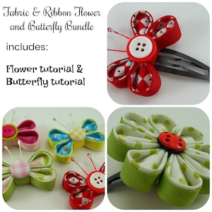 May include: A set of fabric and ribbon flower and butterfly hair clips. The flowers are made with green and white polka dot fabric, red and white checkered fabric, and red fabric with white polka dots. The butterflies are made with blue and yellow checkered fabric, green and white checkered fabric, and red and white checkered fabric. The hair clips are black and have a silver finish. The image includes the text "Fabric & Ribbon Flower and Butterfly Bundle includes: Flower tutorial & Butterfly tutorial".