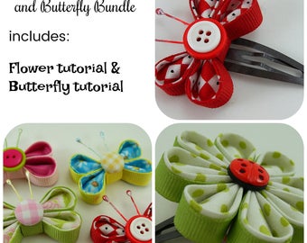 Fabric and Ribbon Kanzashi Flower and Butterfly Bundle PDF Tutorial ... includes 2 tutorials