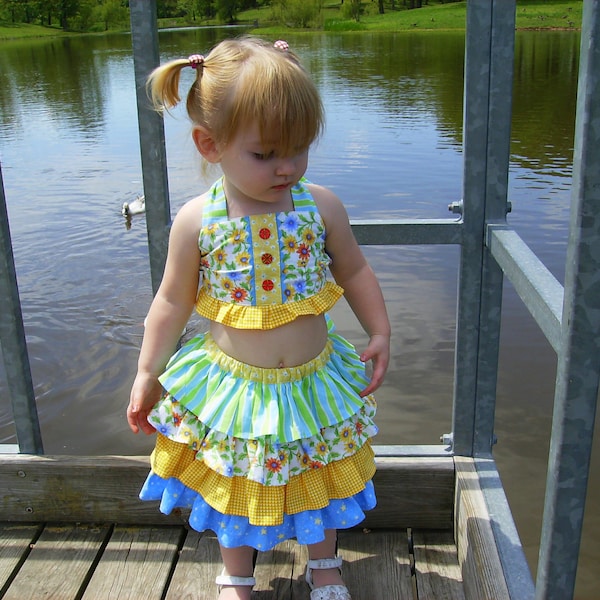 Girls Layered Ruffle Swing Skirt and Ruffle Halter Top PDF Sewing Pattern