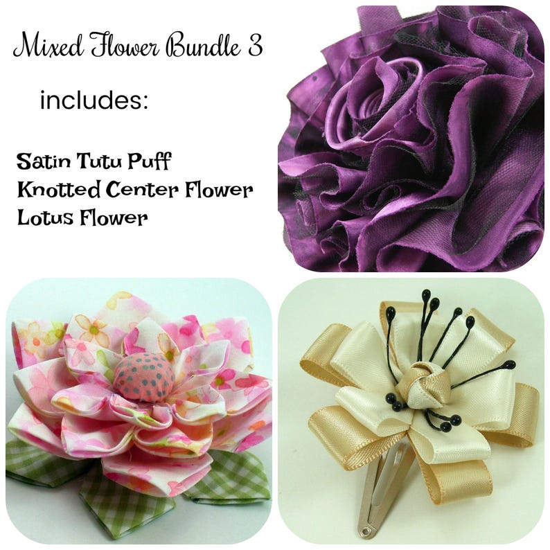 K&ouml;nnte beinhalten: Ein Set aus drei handgefertigten Blumenhaarklammern. Das Set enth&auml;lt einen lilafarbenen Satin-Tutu-Puff, eine rosa-wei&szlig;e Blume mit geknotetem Zentrum und eine cremefarbene Blume mit goldener Schleife.