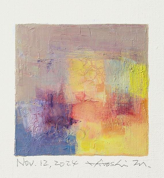 Nov. 12, 2024 - Original Abstract Oil Painting - 9x9 painting (9 cm x 9 cm/4” x 4”) with mat 8”x10” or with original white frame 8.9”x8.9”