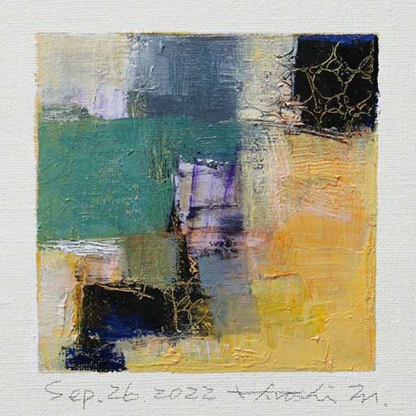 Sep. 26, 2022 - Original Abstract Oil Painting - 9x9 painting (9 cm x 9 cm/4" x 4") with mat 8"x10" or with original white frame 8.9"x8.9"