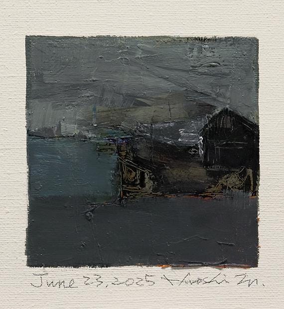 June 23, 2025 - Original Abstract Oil Painting - 9x9 painting (9 cm x 9 cm/4” x 4”) with mat 8”x10” or with original white frame 8.9”x8.9”