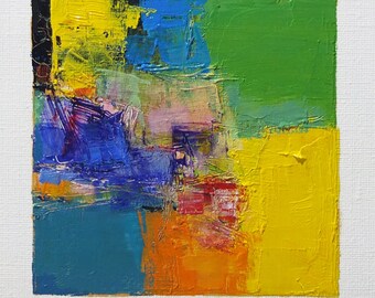 Feb. 23, 2020 - Original Abstract Oil Painting - 9x9 painting (9 cm x 9 cm/4” x 4”) with mat 8”x10” or with original white frame 8.9”x8.9”