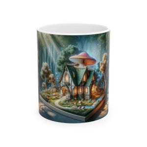 May include: A white ceramic mug with a colorful illustration of a small house nestled in a forest clearing. The house is surrounded by trees, flowers, and a mushroom with a red cap. The scene is illuminated by a soft, warm light.