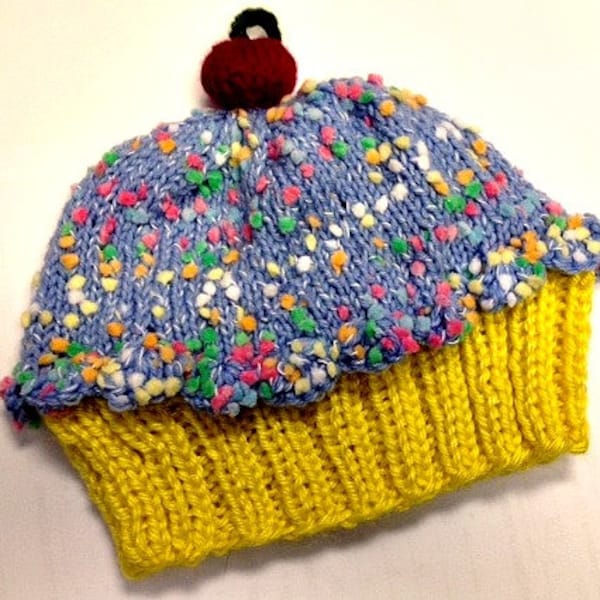 Cupcake Hat with Cherry on Top Lemon Cake Blueberry Sprinkle Frosting Hand made hand knit - baby toddler children adult 3 6 9 12 18 months