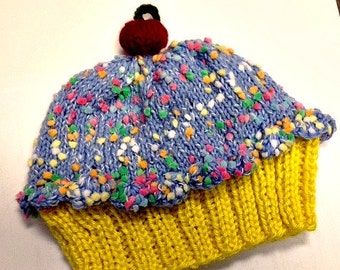 Cupcake Hat with Cherry on Top Lemon Cake Blueberry Sprinkle Frosting Hand made hand knit - baby toddler children adult 3 6 9 12 18 months